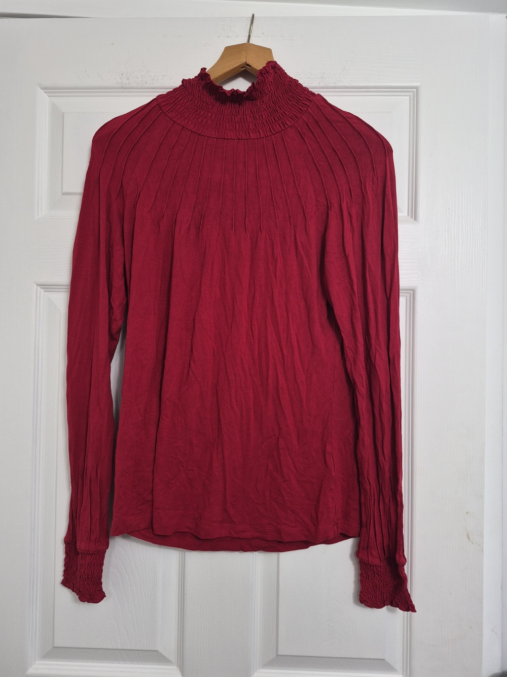 Tribal Red Smocked High-Neck Long Sleeve Top